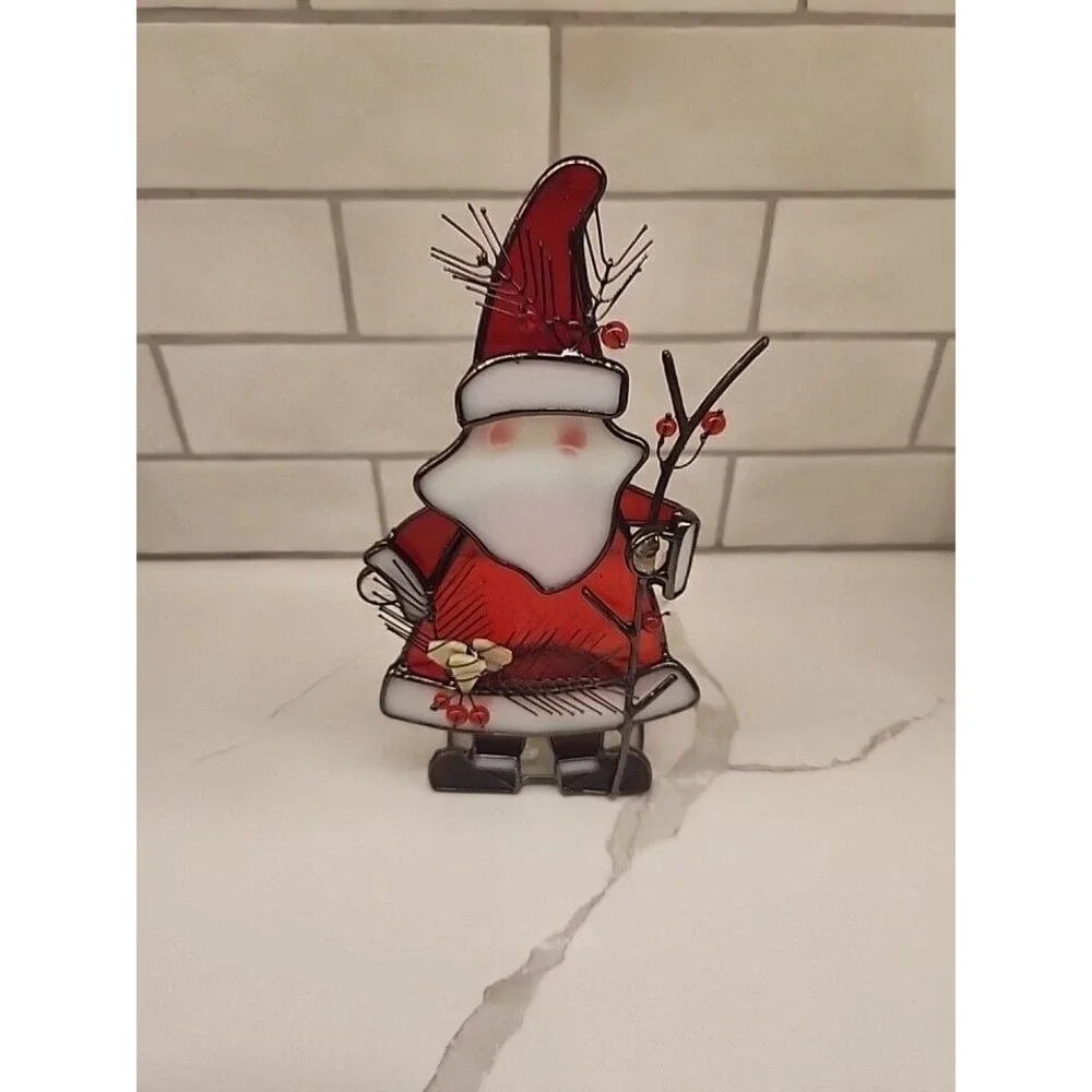 Santa Claus With Twig Berries Stained Glass Tealight Or Votive Candle Holder‎